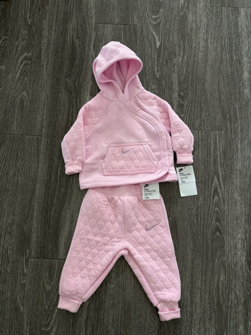 Nike Quilted Baby Hoodie & Joggers - Light Pink Size 12M